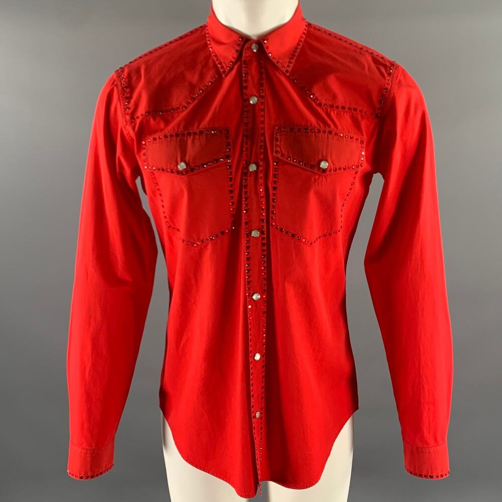 DRIES VAN NOTEN Size M Red Rhinestone Cotton Long Sleeve Shirt